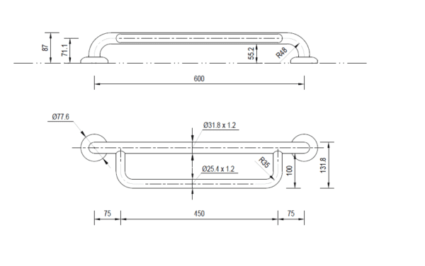 Grab Rail (C) 600x32 SS With Undermount Towel Rail - Image 2
