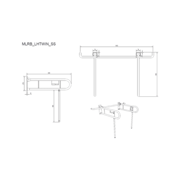 Bariatric Twin Drop Down Grab Rails. Left-Hand Drop Down Rail contains a Nurse Call and Right-Hand Drop Down Rail contains a Toilet Roll Holder in - Image 2