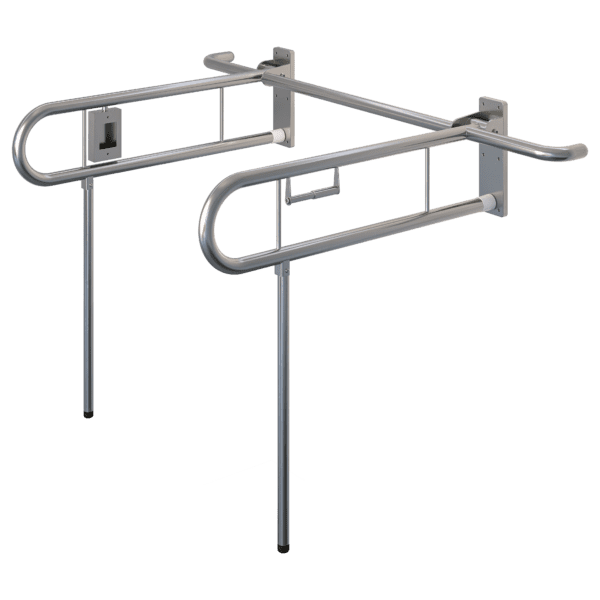 Bariatric Twin Drop Down Grab Rails. Left-Hand Drop Down Rail contains a Toilet Roll Holder and Right-Hand Drop Down Rail contains a Nurse Call
